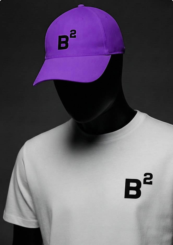 B2 cap in purple and white B2 T-shirt on a dark mannequin