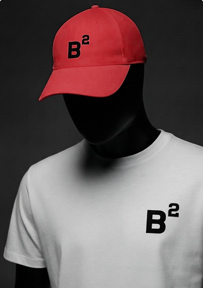 B2 cap in red and white B2 T-shirt on a dark mannequin
